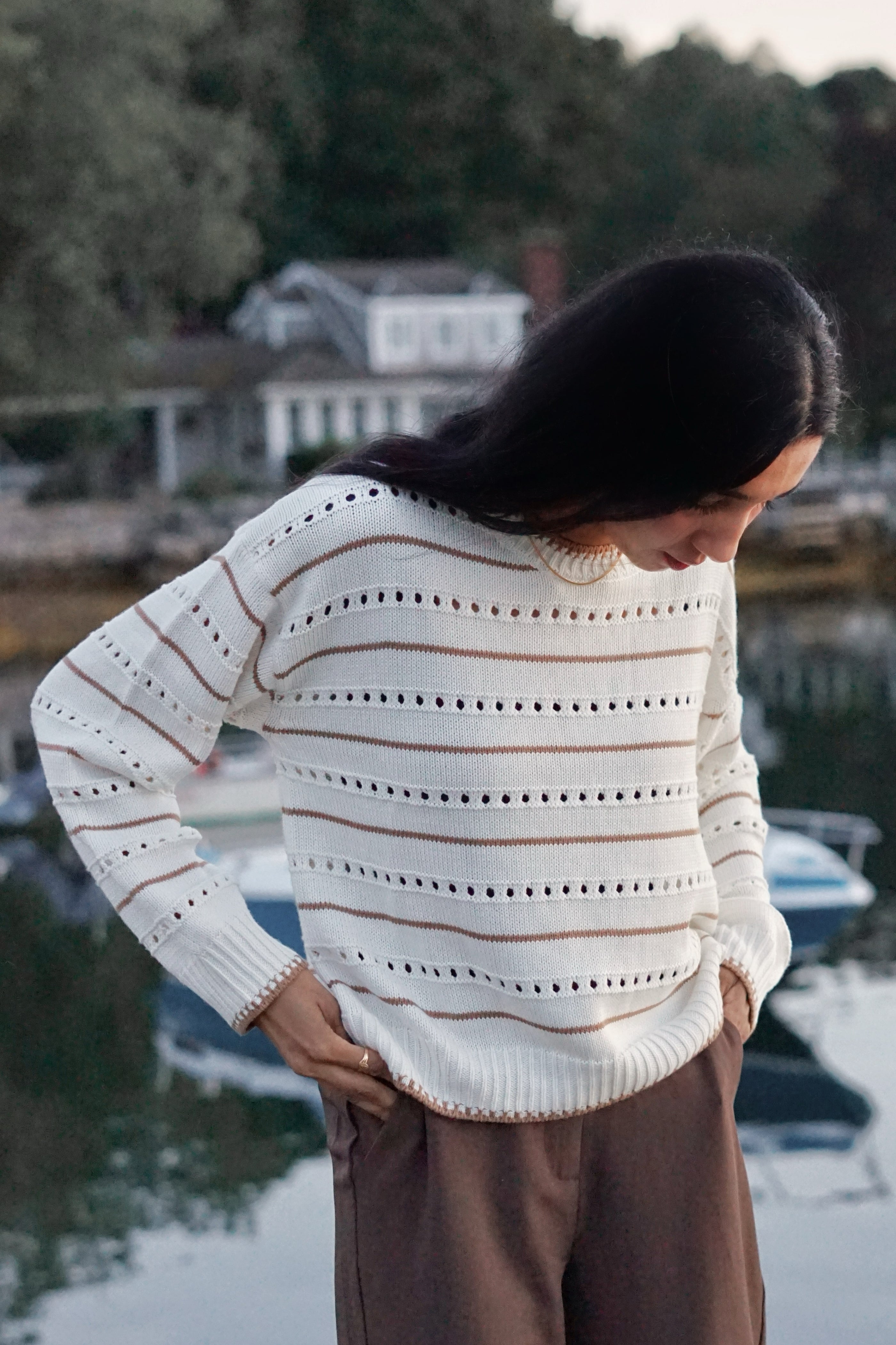 ELODIE POINTELLE STRIPE SWEATER