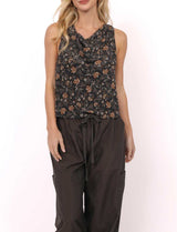 COWL NECK SLEEVELESS BLOUSE, SADIE AND SAGE, cowl neck floral blouse, sleeveless draped top, black floral top womens