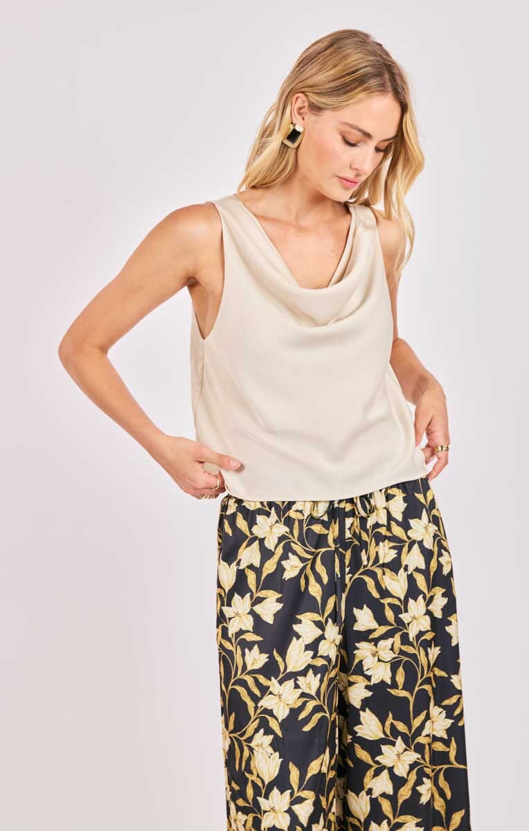 sleeveless ivory top, draped neckline blouse