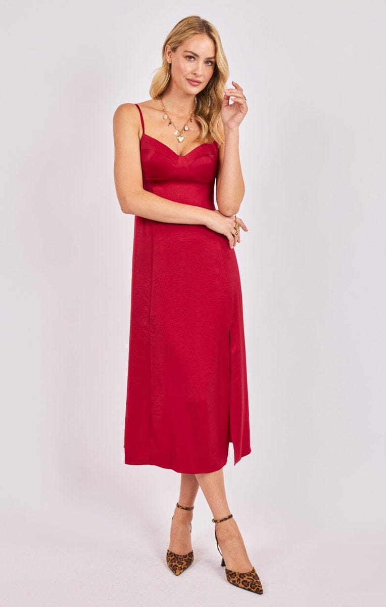 RED SATIN BUSTIER BODICE MIDI DRESS Dress SADIE AND SAGE 