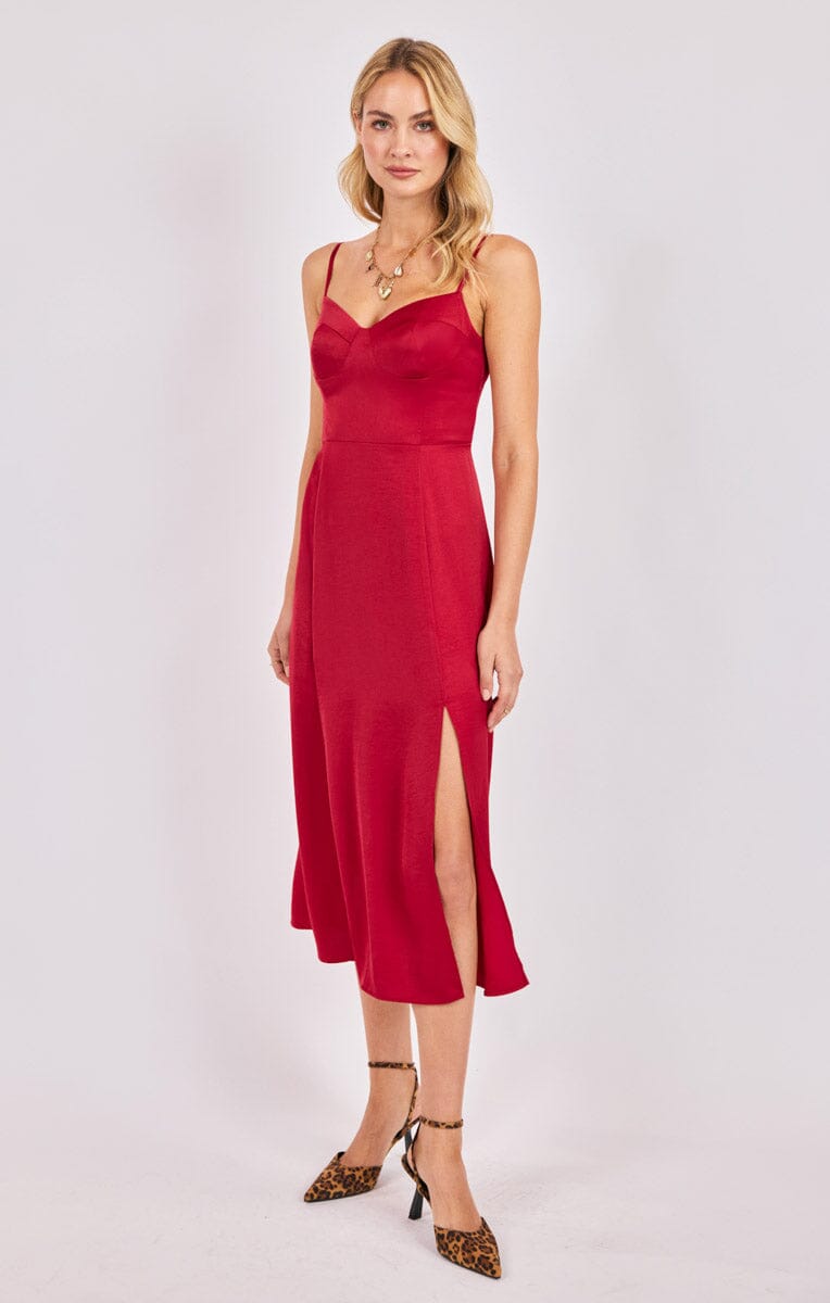 RED SATIN BUSTIER BODICE MIDI DRESS Dress SADIE AND SAGE 