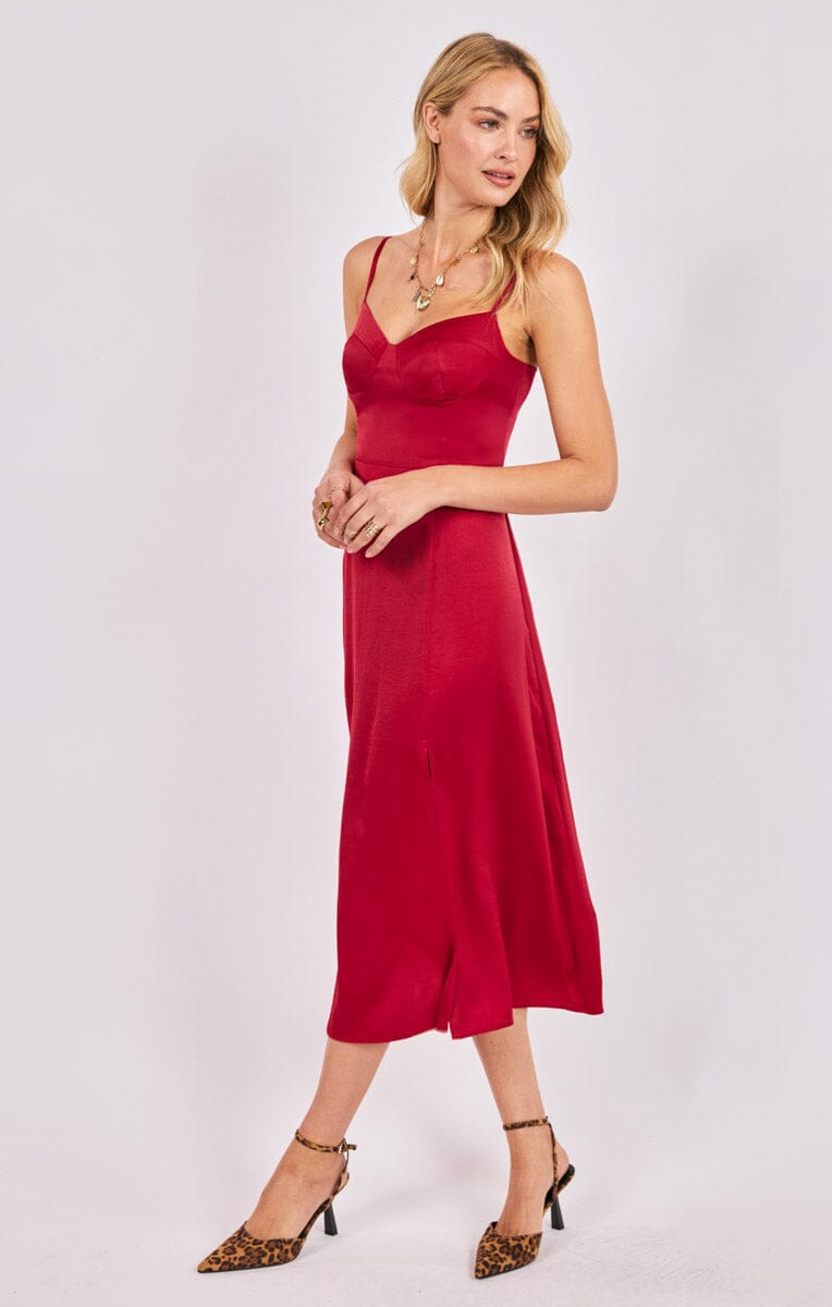 RED SATIN BUSTIER BODICE MIDI DRESS Dress SADIE AND SAGE 
