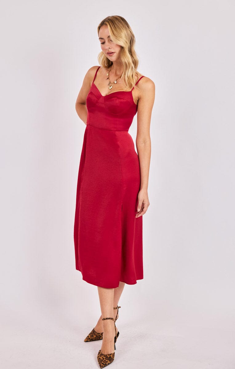 RED SATIN BUSTIER BODICE MIDI DRESS Dress SADIE AND SAGE 