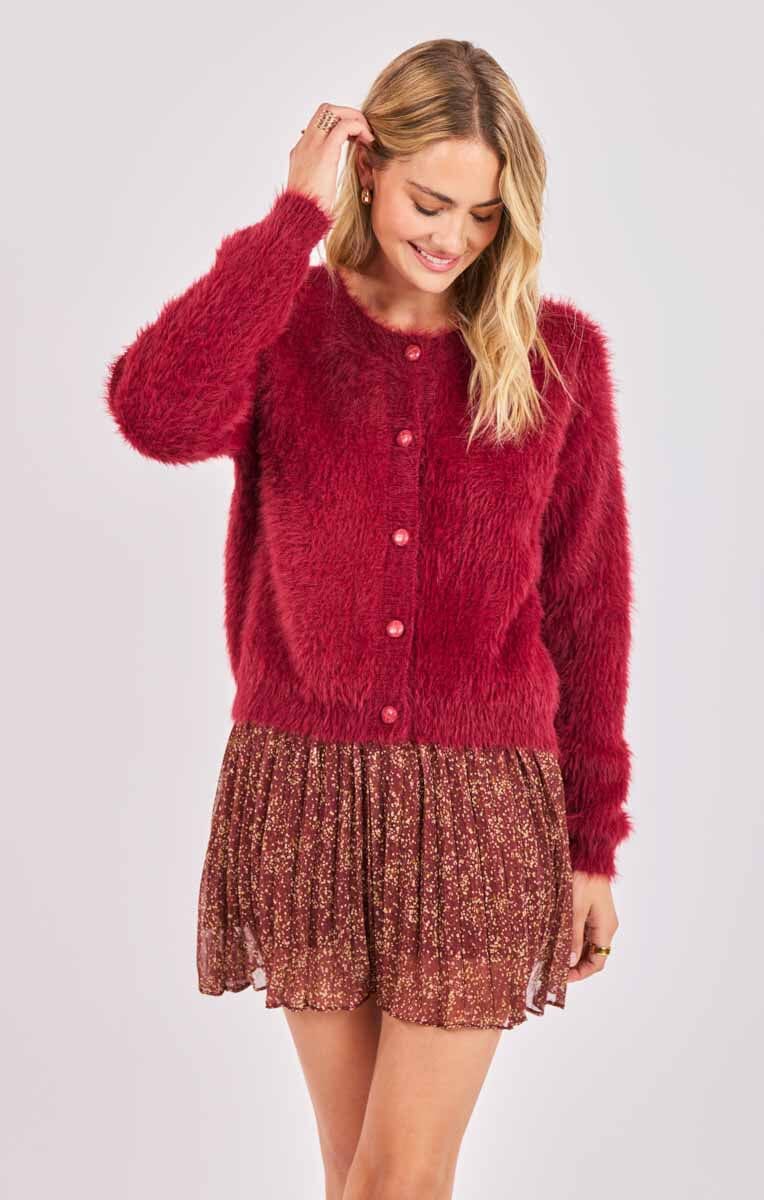DARK RED CARDIGAN, SADIE AND SAGE, red fuzzy cardigan