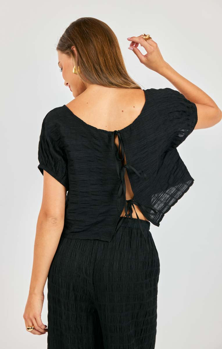 black tie back top women, open back black blouse, black crop top with ties, summer black textured top, women lightweight black blouse