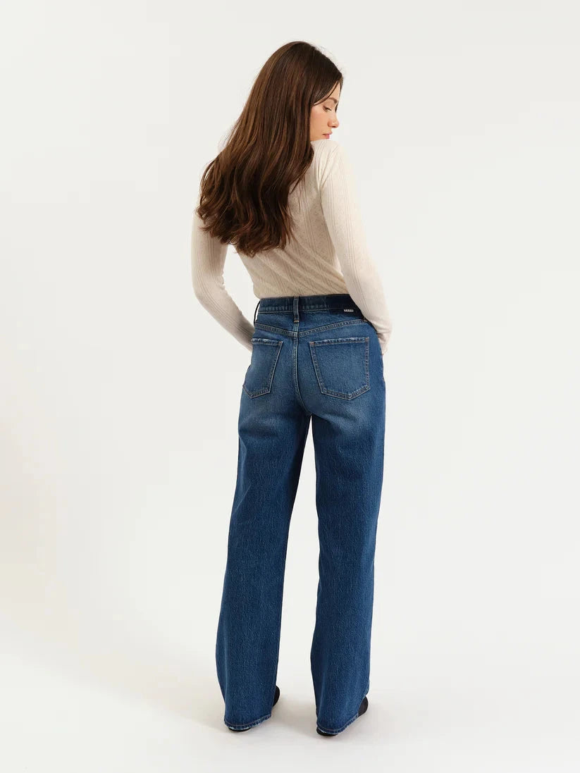 vintage blue wash denim, classic straight fit jeans, flattering high rise denim