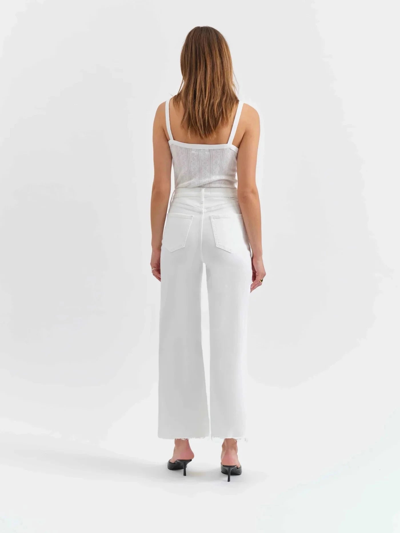 high waisted white pants denim, casual to dressy denim, spring summer denim trends, white jeans with heels outfit, elevated basics denim