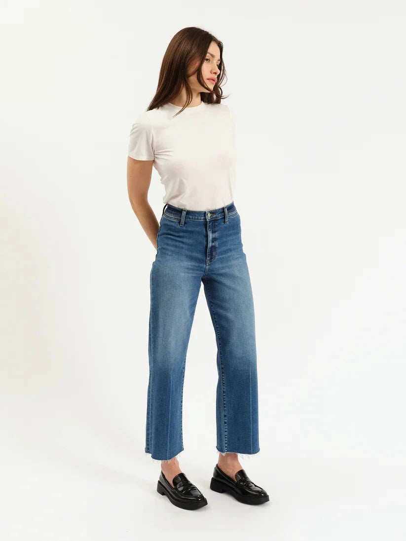 welt pocket wide jeans, dark indigo wide ankle jeans