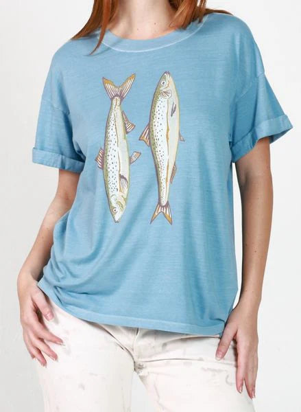 GIRL DANGEROUS, blue graphic tee, fish print t shirt, casual oversized tee, relaxed fit graphic top, summer graphic t shirt women