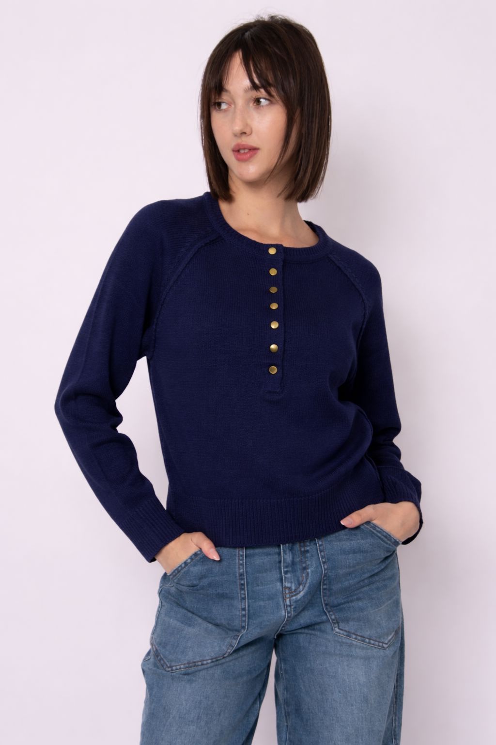 DARK STORM RAGLAN TOP, RD STYLE, navy raglan top women, dark blue knit top women, navy sweater women lightweight, raglan sleeve sweater navy, button placket knit top women, navy long sleeve knit top