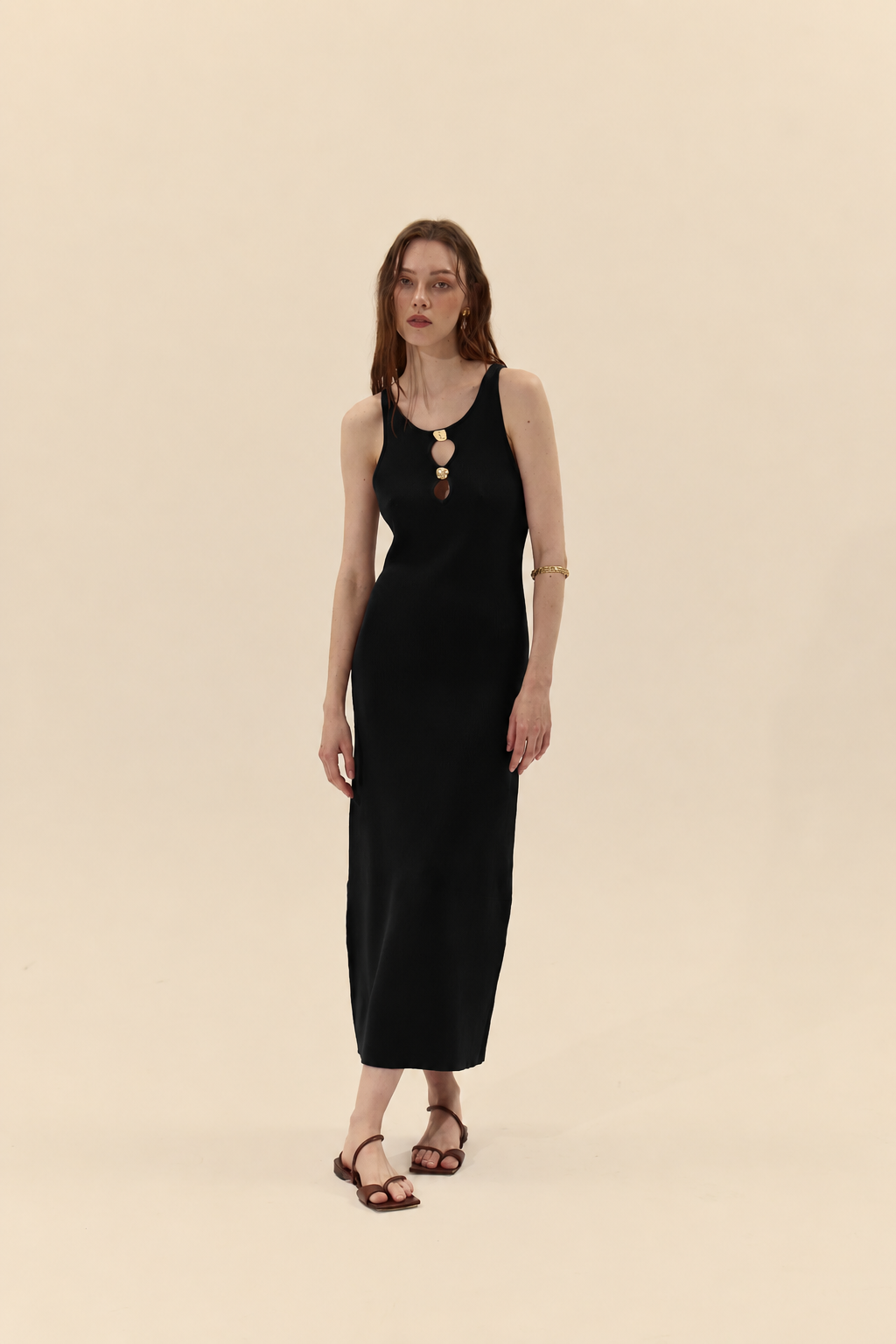 Deluc Canada black column dress women with jeweled neckline accents
