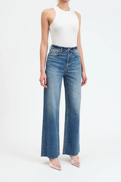mid wash blue jeans women, flattering high rise jeans, everyday denim staple women, wide straight leg jeans, long length denim women