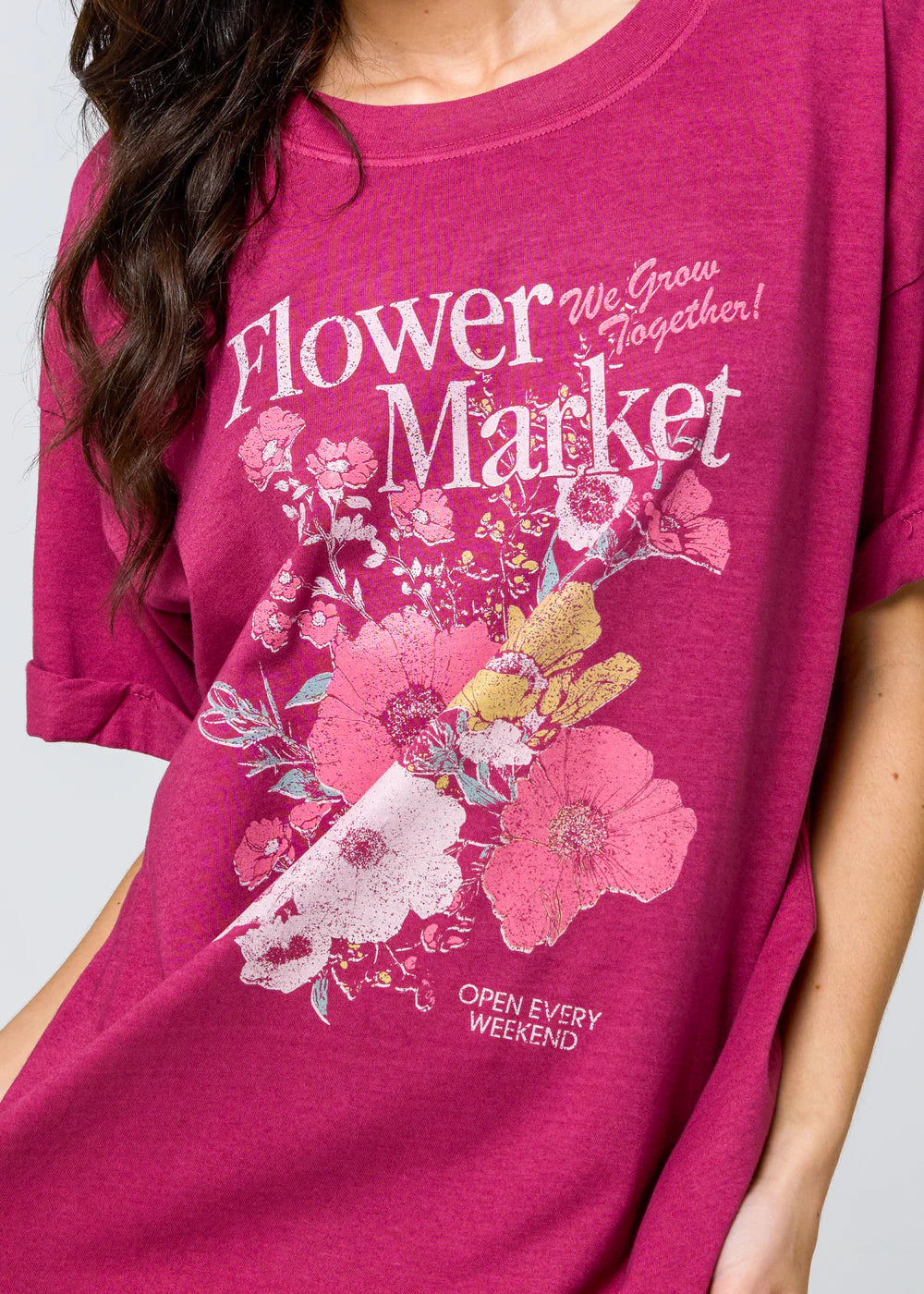 GIRL DANGEROUS, oversized pink graphic tee outfit, trendy floral t shirt women, soft cotton boyfriend tee, everyday casual floral top