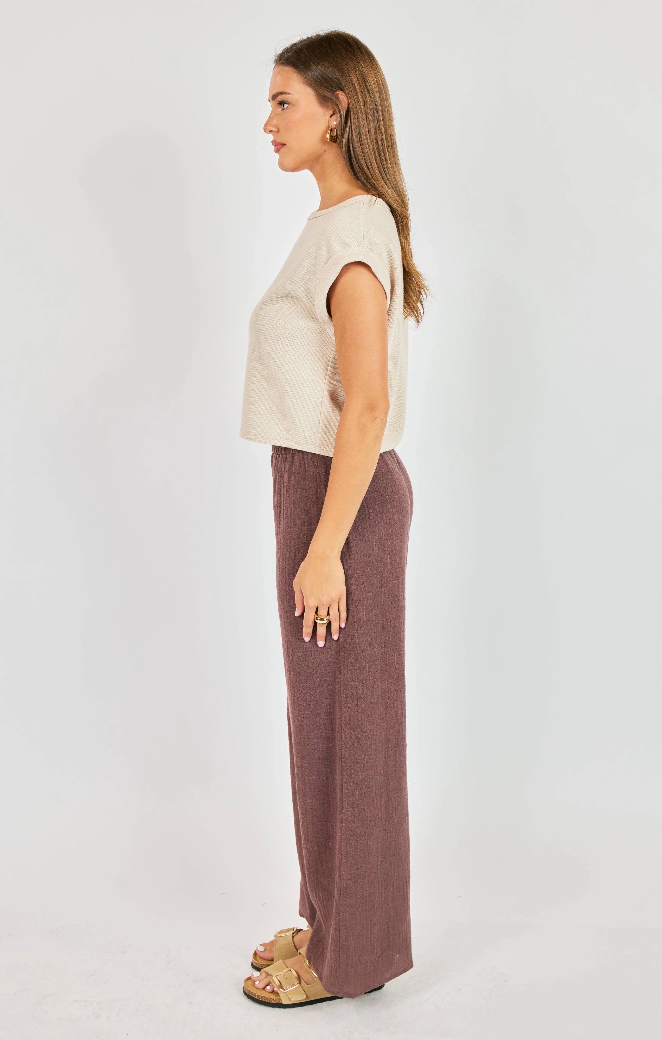 high rise elastic waist pants women, minimalist brown trousers women, neutral tone wide leg pants