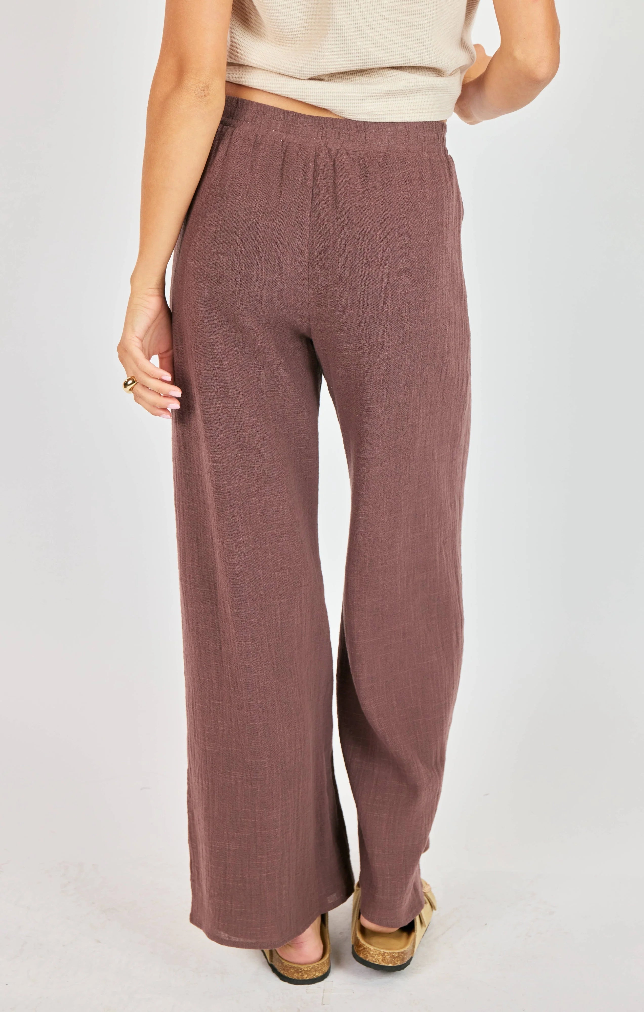 women spring summer pants, relaxed brown linen style pants, modern women wide leg trousers