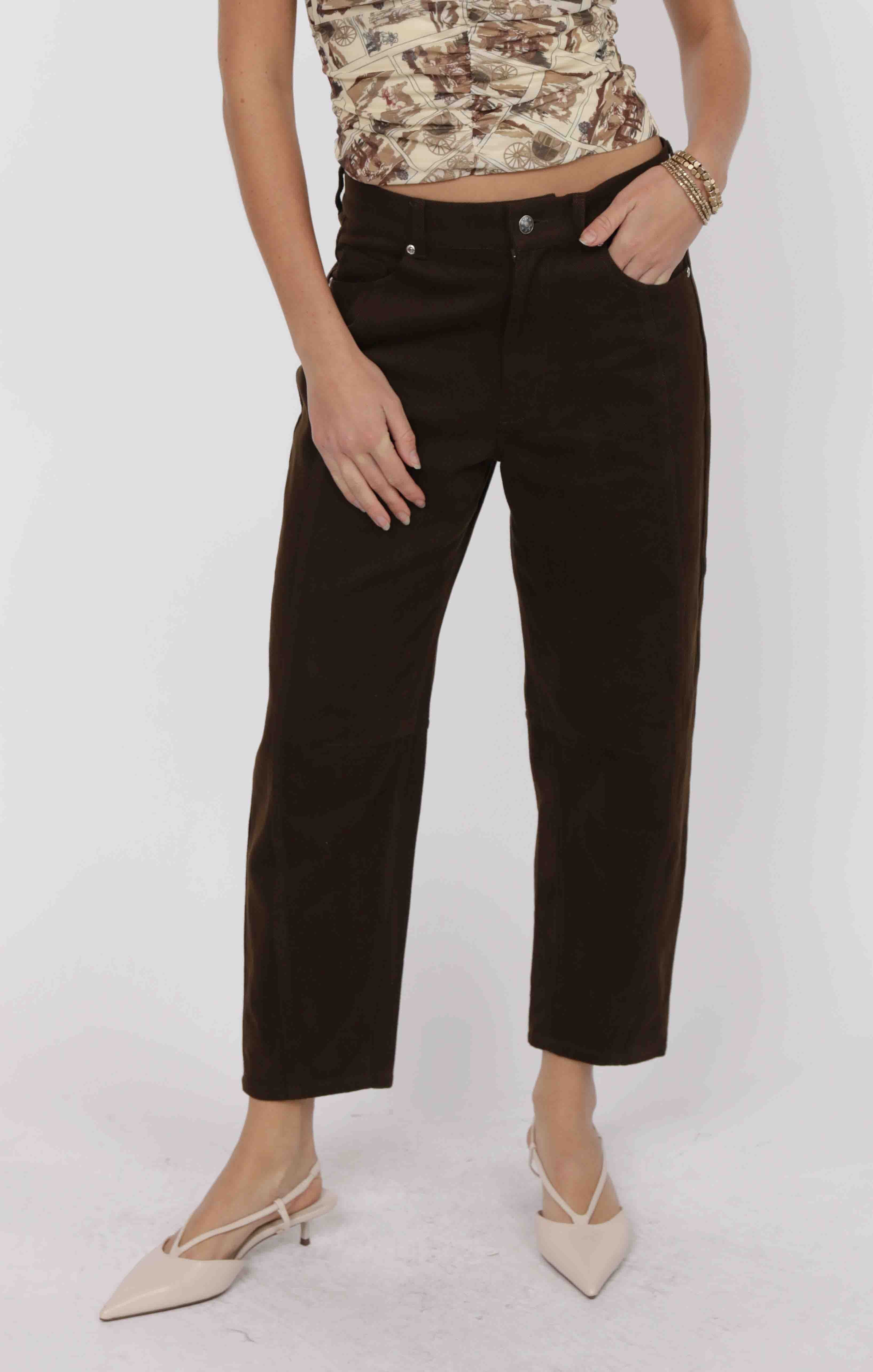 BROWN BARREL LEG TWILL PANT DENIM, SADIE AND SAGE, minimal brown wide leg pant 