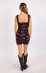 sleek floral mini dress, sexy floral ruched dress, floral dress for events, bold print mini dress