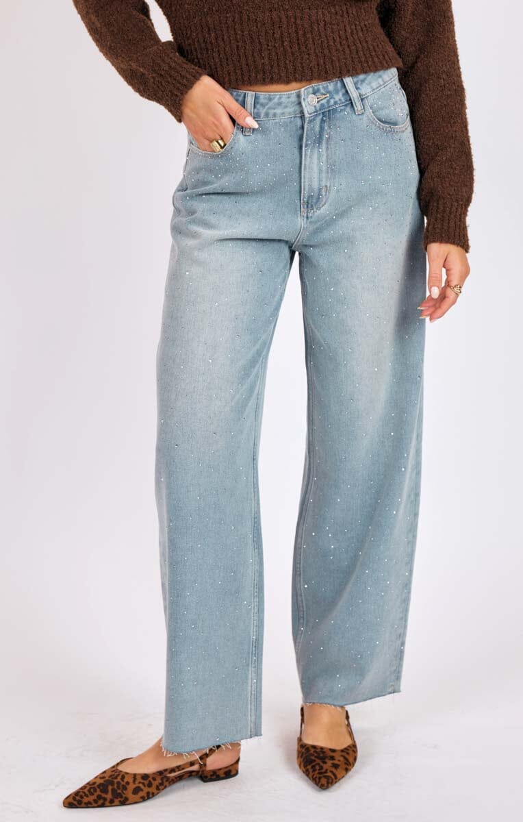 GLIMMER EMBELLISIHED DENIM, SADIE AND SAGE, embellished denim jeans, sparkle studded jeans, light wash embellished pants, women’s shimmer denim, rhinestone detail jeans, relaxed fit sparkly jeans, glitter accent jeans, embellished straight leg denim