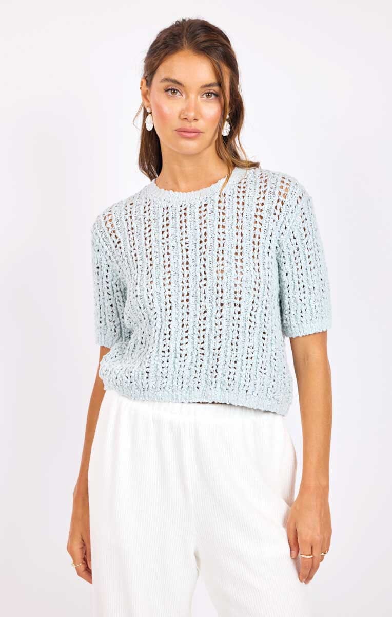 baby blue knit top, open knit sweater women, lightweight summer knit top, breathable knit top women, pastel blue sweater top, cropped knit top women, short sleeve knit sweater, airy knit top summer, soft blue textured top, women casual knitwear, spring summer knit top, open weave sweater women, relaxed fit knit top, lightweight pullover knit, pastel summer outfit top