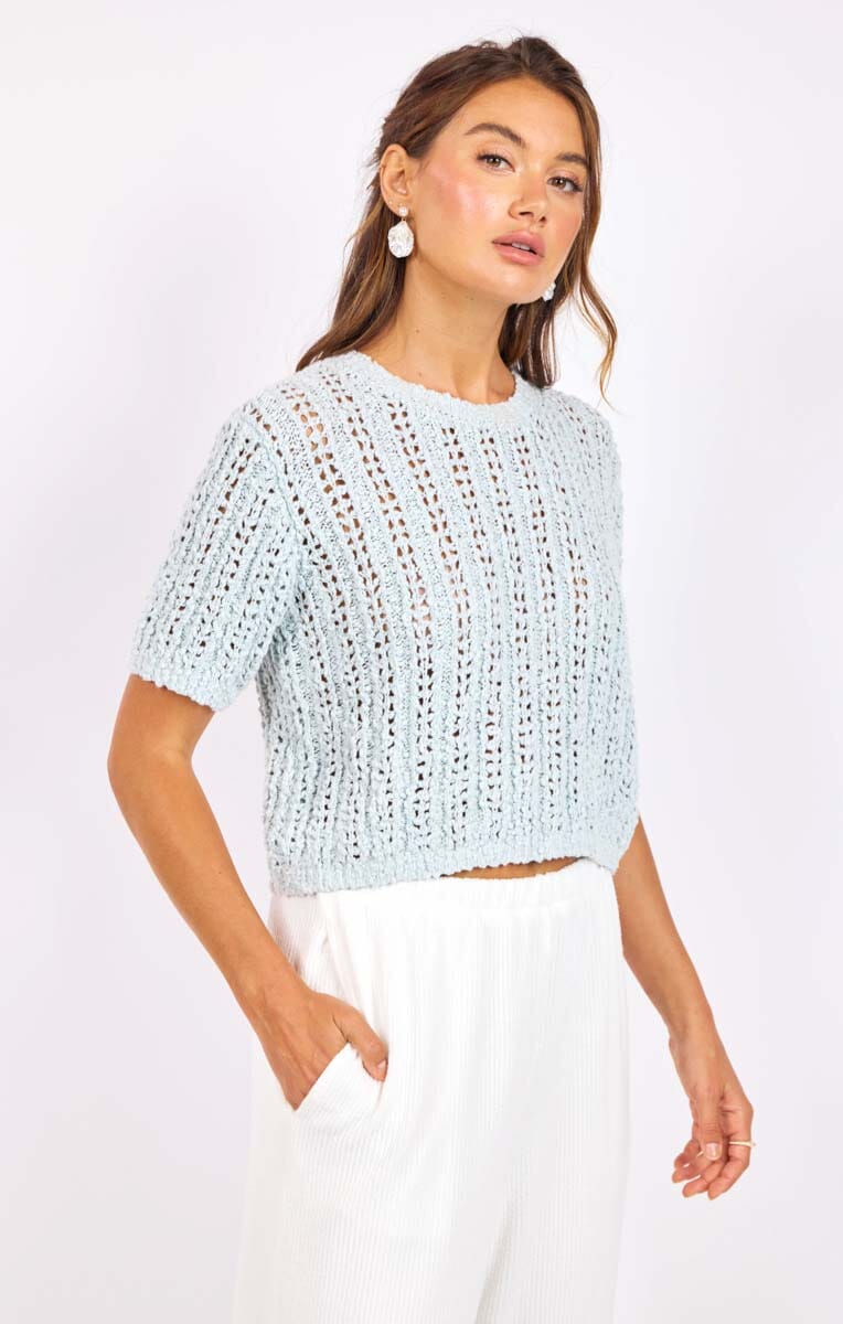 Open Knit Texture Top | Blue Knit Top | LORDON