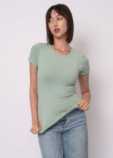 green layering top, fitted green tee women, soft green short sleeve top
