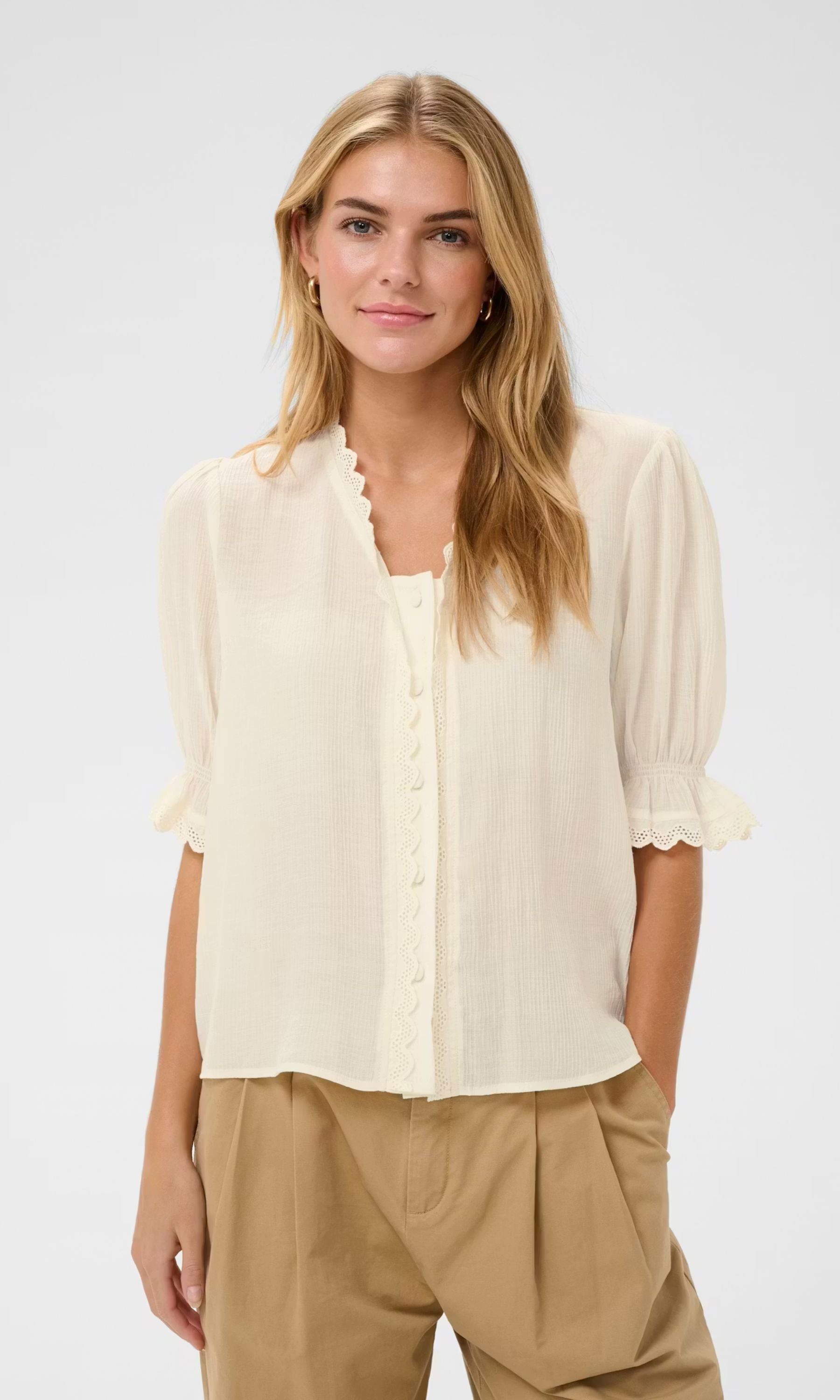 DELICATE SCALLOP TRIM BLOUSE, saint tropez, scallop trim blouse women, cream puff sleeve blouse women, feminine button front blouse women, lightweight neutral blouse women, romantic style blouse women