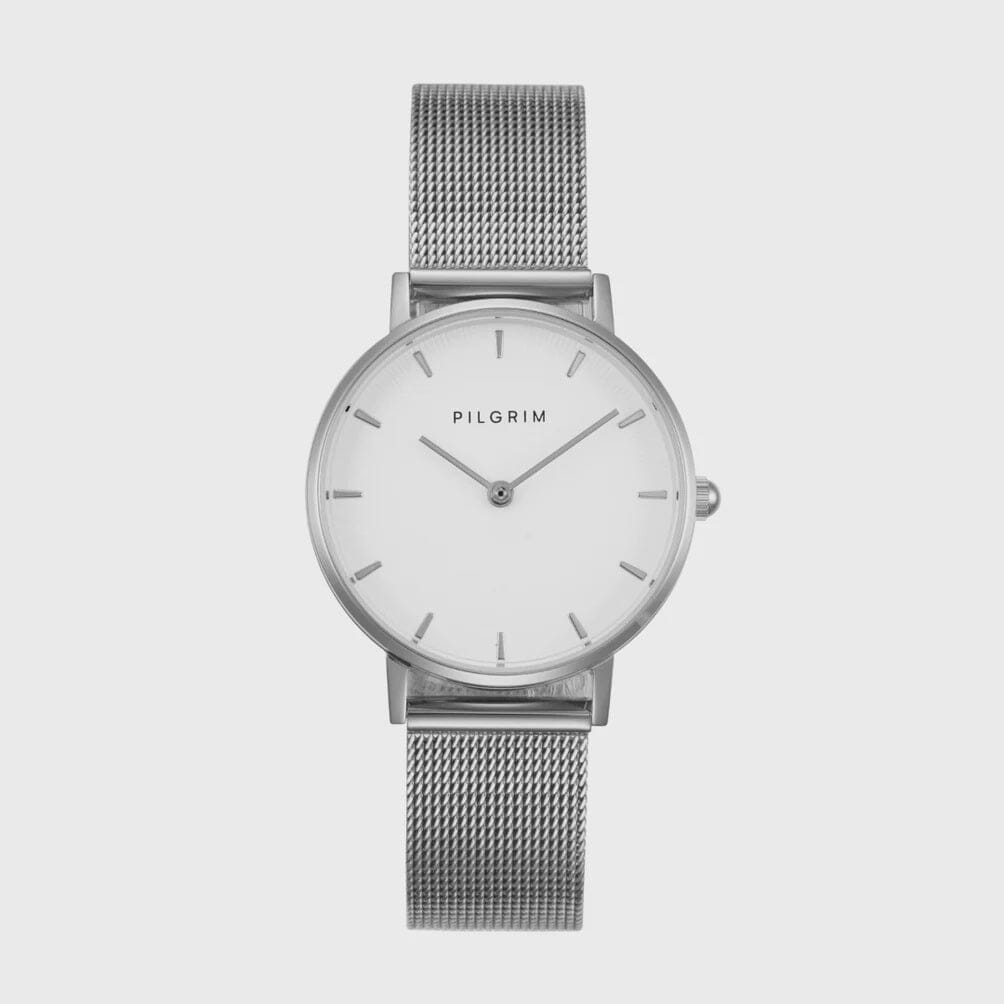 TRAVELER STEEL SILVER WATCH, PILGRIM, sleek silver watch, silver mesh strap watch, contemporary silver accessory 
