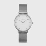 TRAVELER STEEL SILVER WATCH, PILGRIM, sleek silver watch, silver mesh strap watch, contemporary silver accessory 