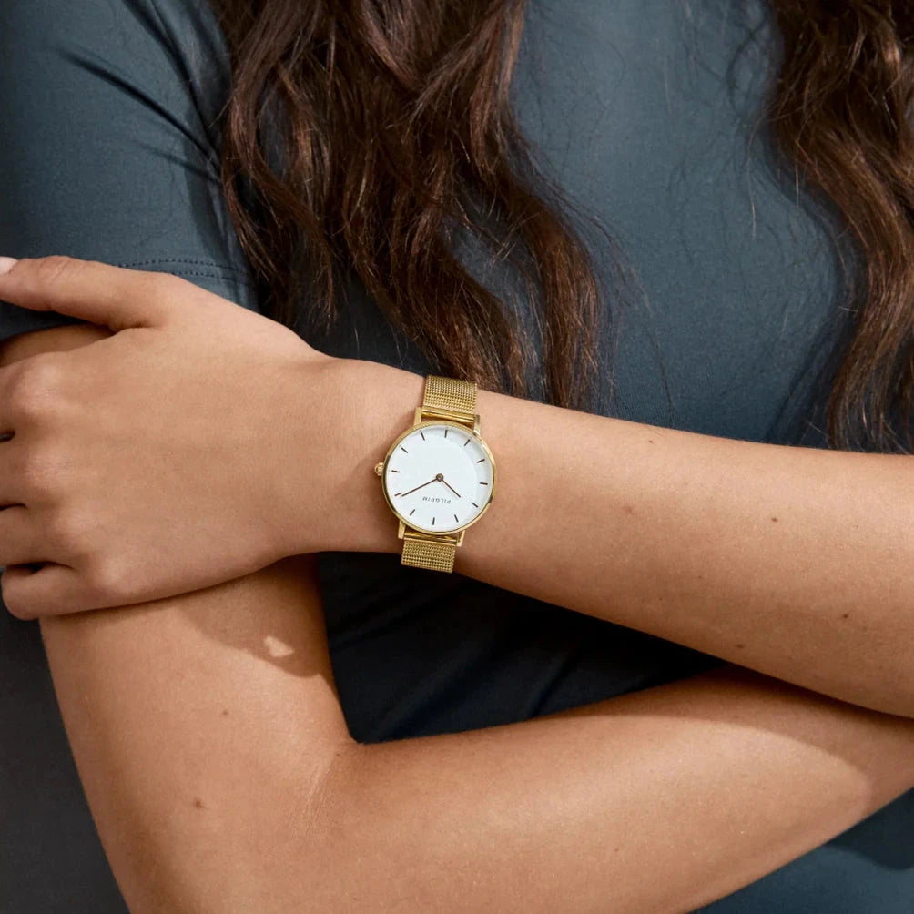 women’s gold wristwatch, gold plated timepiece, modern gold bracelet watch