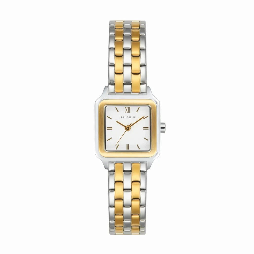two-tone wristwatch, women’s mixed metal watch, square dial watch, gold and silver bracelet watch