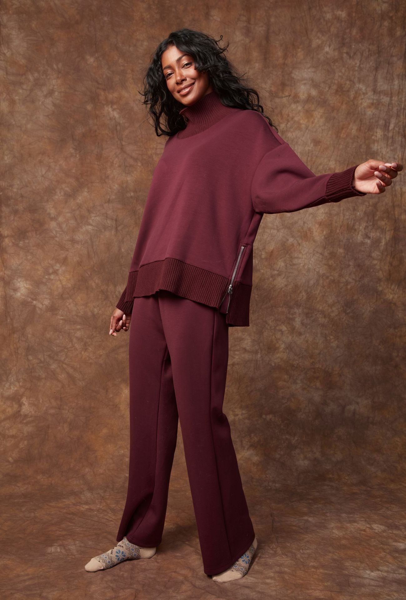 SOFT KNIT PULL ON FLARE PANT, RD STYLE, womens soft knit flare pants merlot, cozy pull on pants outfit idea, knit lounge flare pants for women, comfy burgundy stretch pants