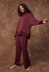 SOFT KNIT PULL ON FLARE PANT, RD STYLE, womens soft knit flare pants merlot, cozy pull on pants outfit idea, knit lounge flare pants for women, comfy burgundy stretch pants