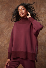 SOFT KNIT RIBBED SWEATER, RD STYLE, womens ribbed mock neck sweater merlot, soft knit oversized sweater outfit idea, fall cozy sweater for women, comfy burgundy pullover with ribbed cuffs