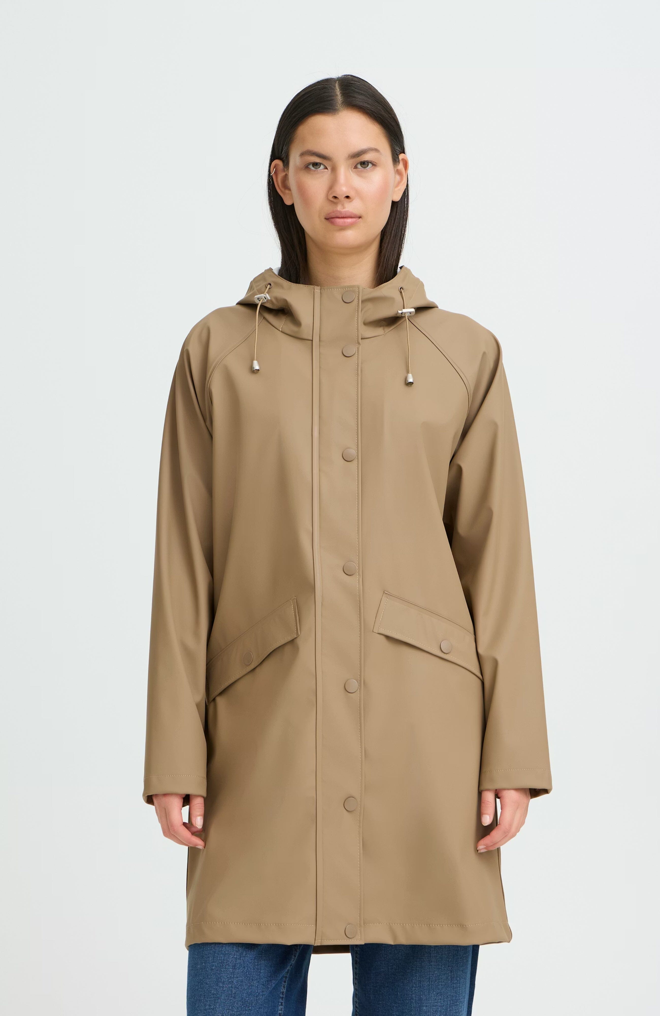 TAZI SEPIA RAIN COAT, ICHI, sepia rain coat women, tazi rain coat, lightweight rain jacket women, hooded rain coat women, neutral rain coat women, waterproof jacket women, everyday rain coat, modern rain jacket women, transitional outerwear women, casual rain coat women, versatile rain jacket, wardrobe staple rain coat