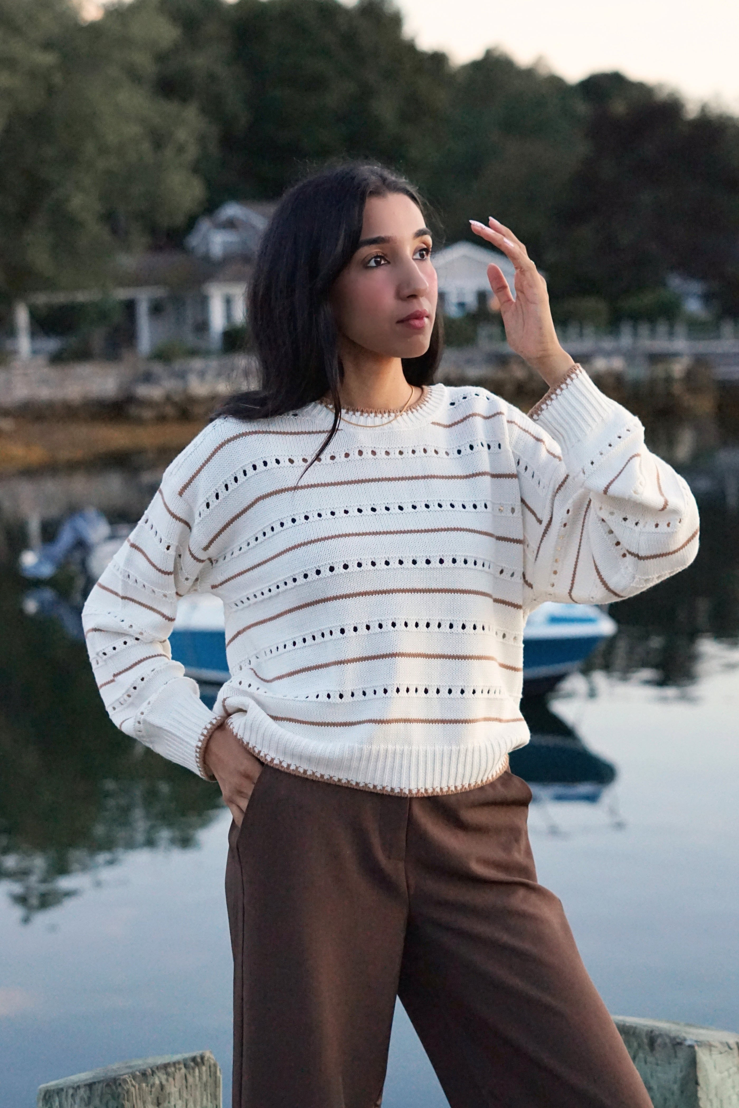 ELODIE POINTELLE STRIPE SWEATER