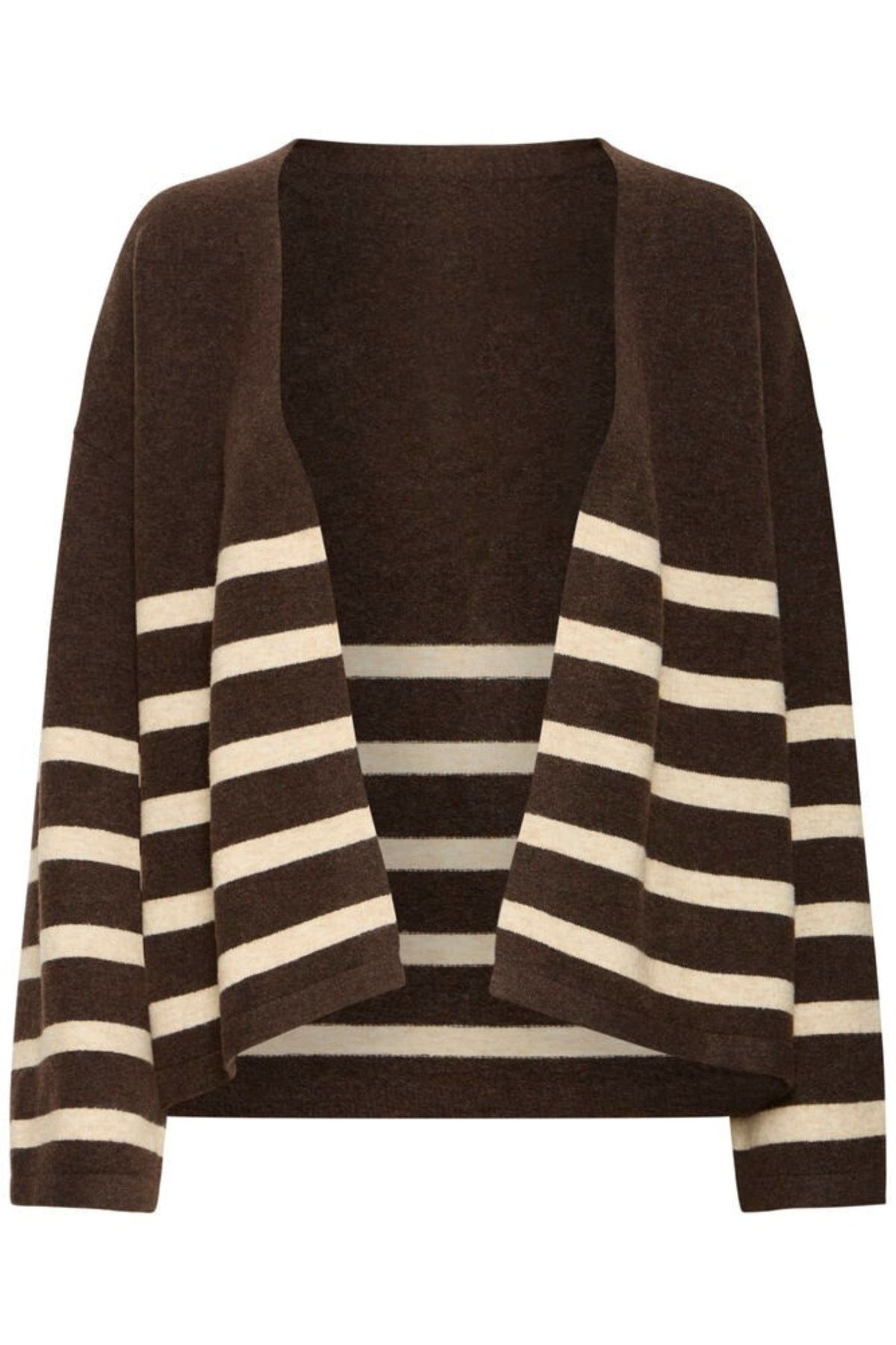 A brown open-front cardigan sweater featuring horizontal cream stripes on the lower body and sleeves, displayed against a solid white background.
