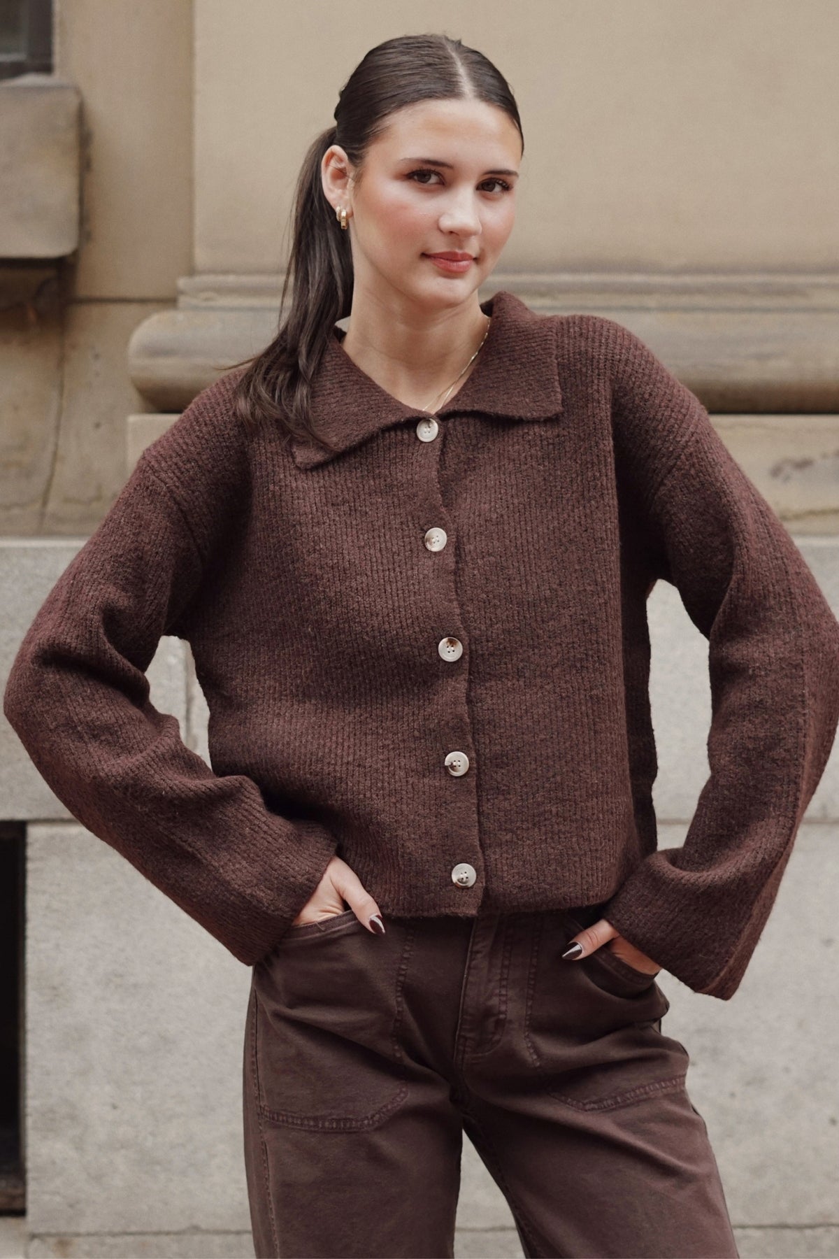 Collared Polo Cardigan- Chocolate