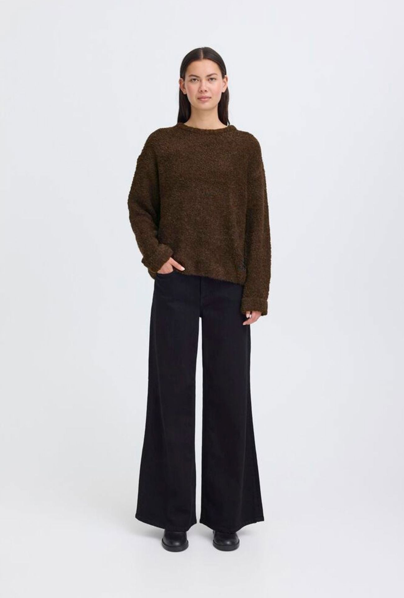 Soft textured brown pullover styled with black pants, ICHI 