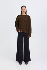 Soft textured brown pullover styled with black pants, ICHI 