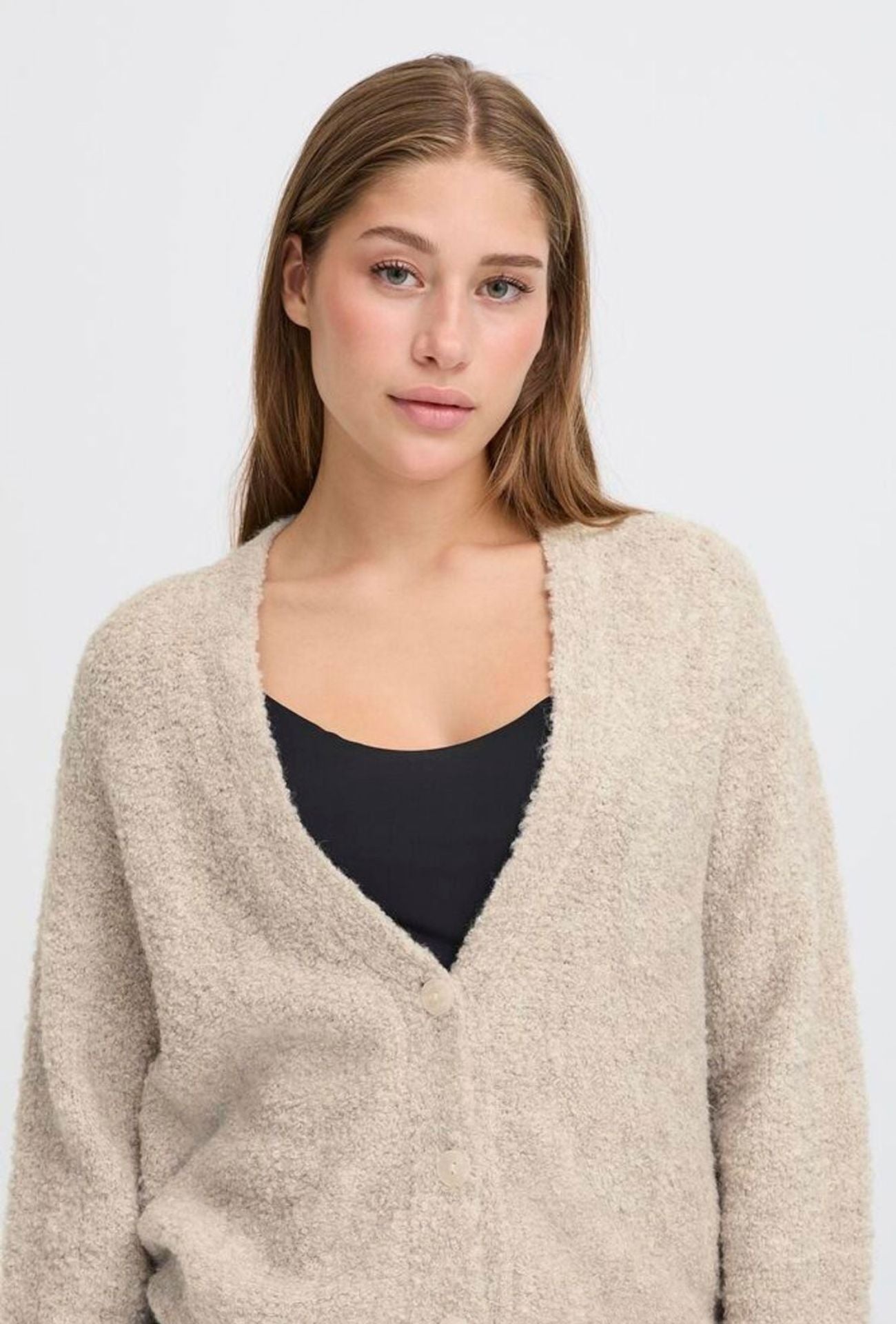 Women’s textured v neck cardigan in neutral knit, ICHI 