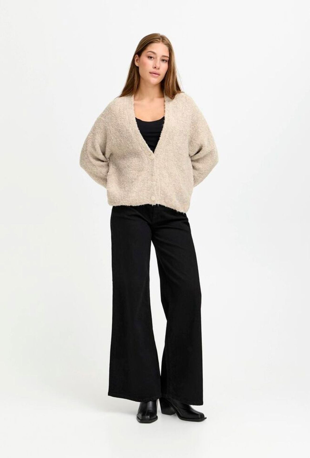 Relaxed fit v neck cardigan styled with black denim, ICHI 
