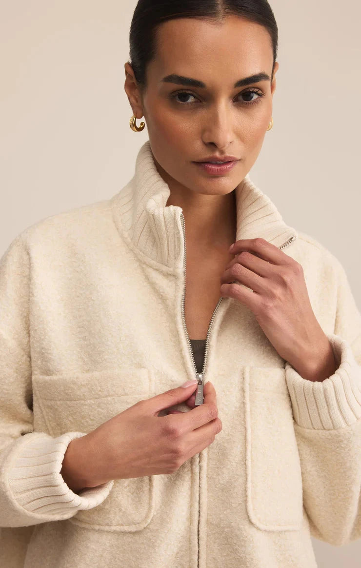 cream fuzzy jacket, soft knit outerwear
