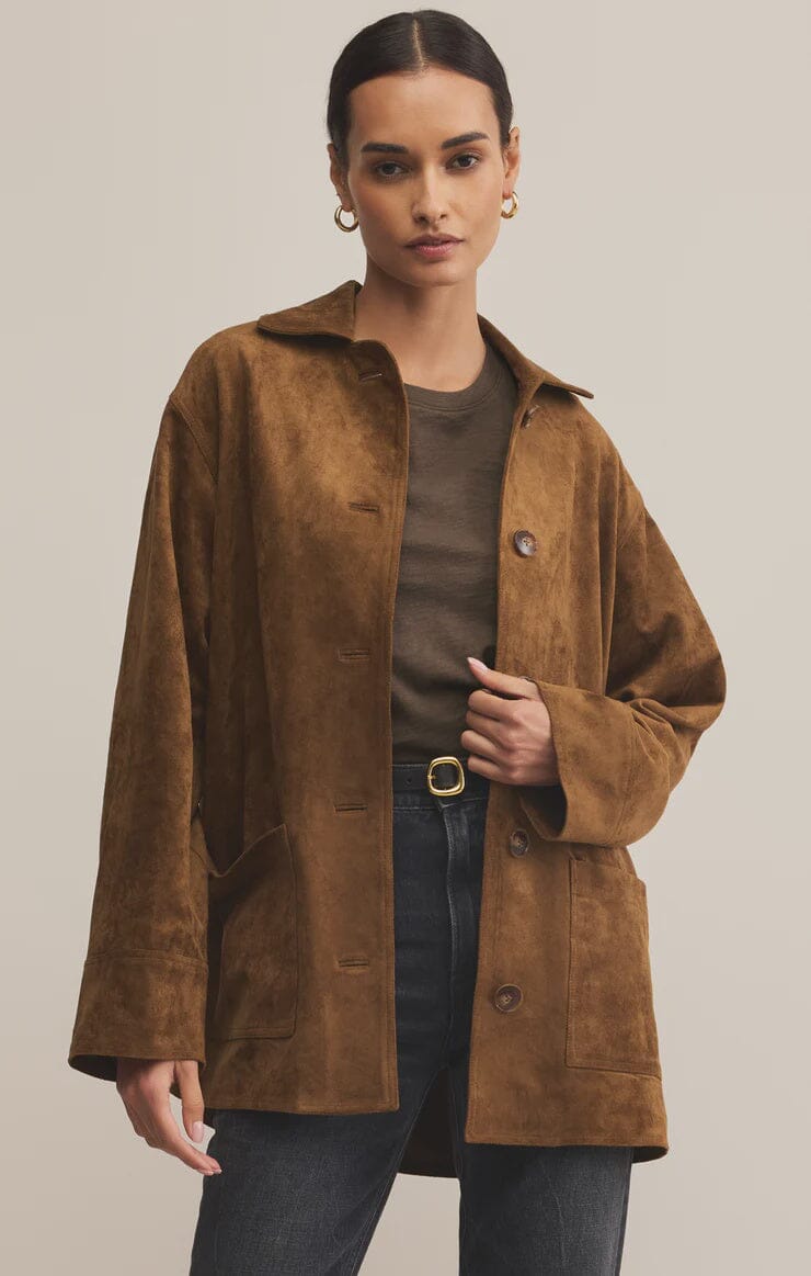 DECKER FAUX SUEDE CHORE COAT, z supply, faux suede jacket, brown overshirt coat