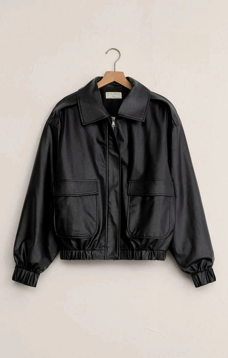 faux leather outerwear, trendy black bomber