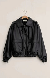 faux leather outerwear, trendy black bomber