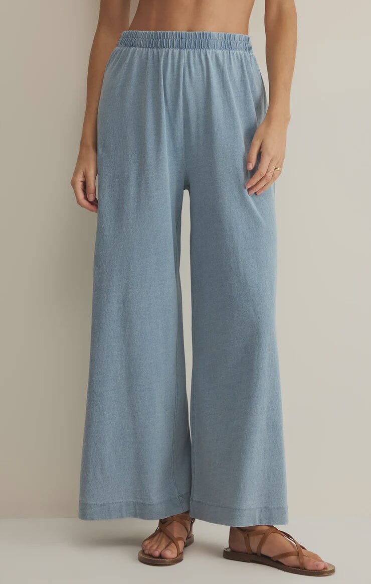 jersey denim pants women, wide leg denim look pants, soft denim pants women, pull on denim pants womens, lightweight wide leg pants, casual blue jersey pants, relaxed fit denim inspired pants