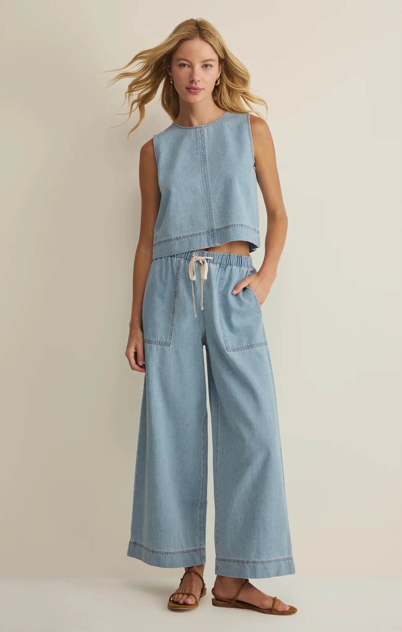 soft denim trousers, comfortable denim pants, elastic waist denim pants, matching denim set women, everyday denim outfit