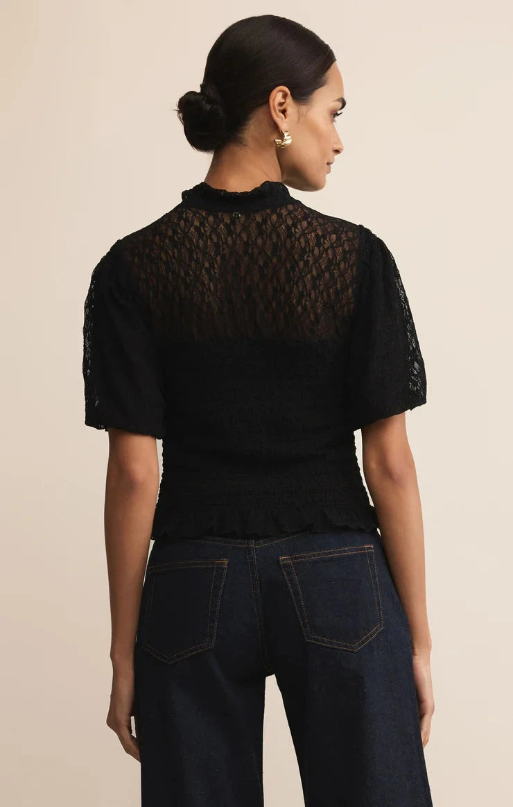 puff sleeve lace top, black ruffle hem top