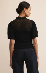 puff sleeve lace top, black ruffle hem top