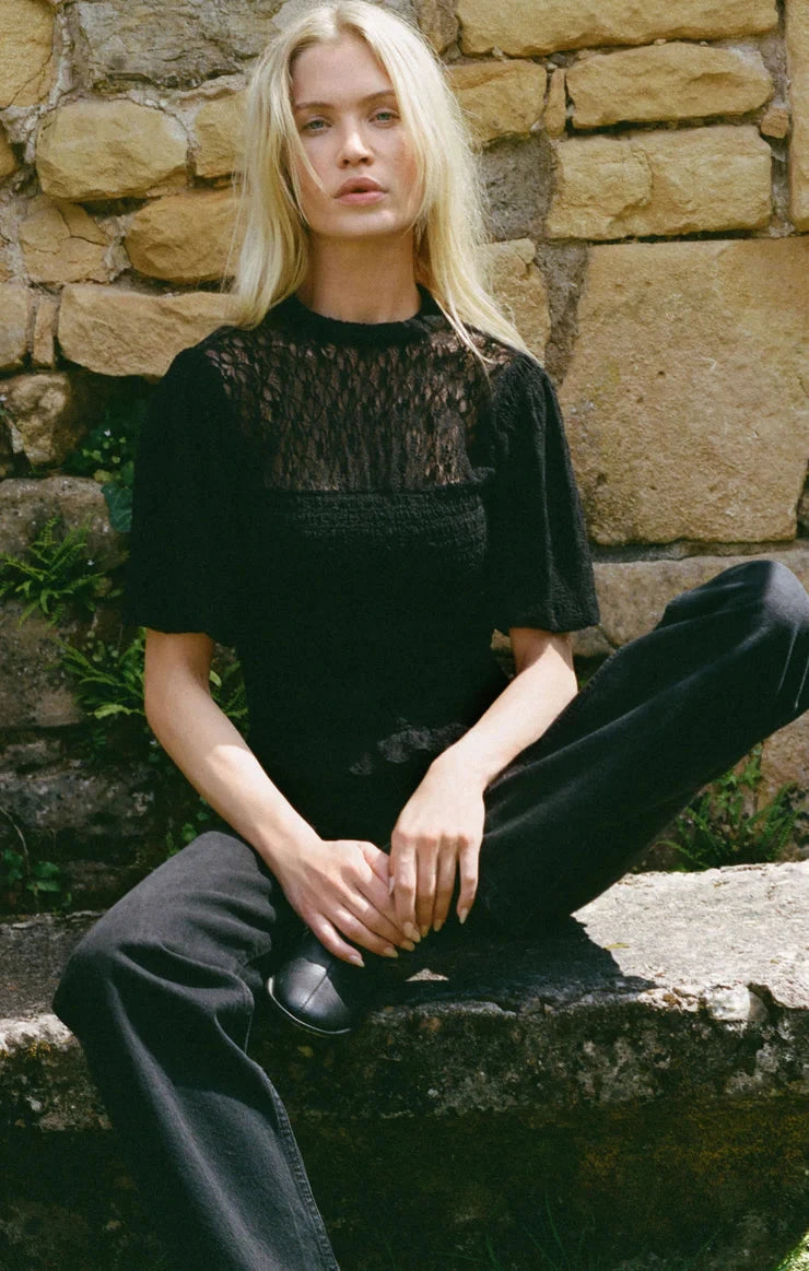 black lace top, smocked lace blouse, sheer lace neckline top